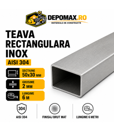 Teava rectangulara inox AISI 304, 50 x 30 x 2 mm, 6 metri